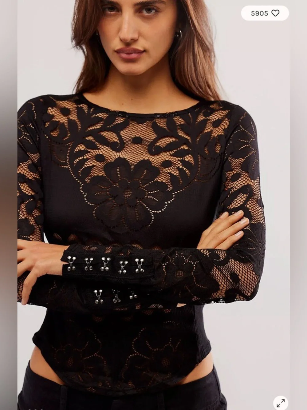 Free People Wild Roses Black Lace Sheer Long Sleeve Top Small